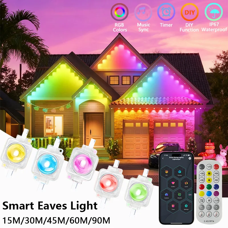 

Уличные светодиодные гирлянды 90 м, 180 LED, постоянного использования, умные, для карнизов, водонепроницаемые, с управлением через приложение, для декора на Рождество и Новый год