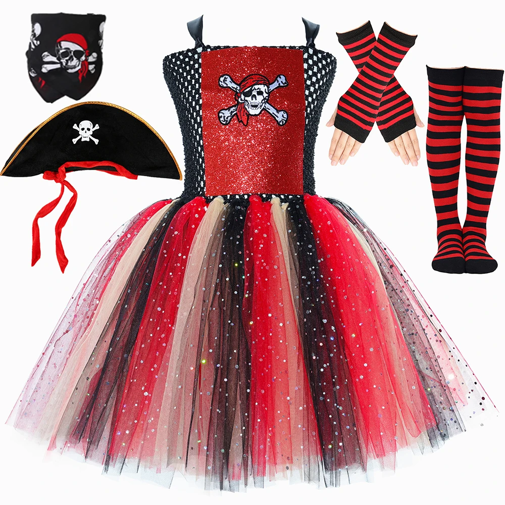 Kids Pirate Costume Girls Halloween Carnival Party Tutu Dress Glitter Red Black Girl Buccaneer Pirates Princess Dress Up Clothes