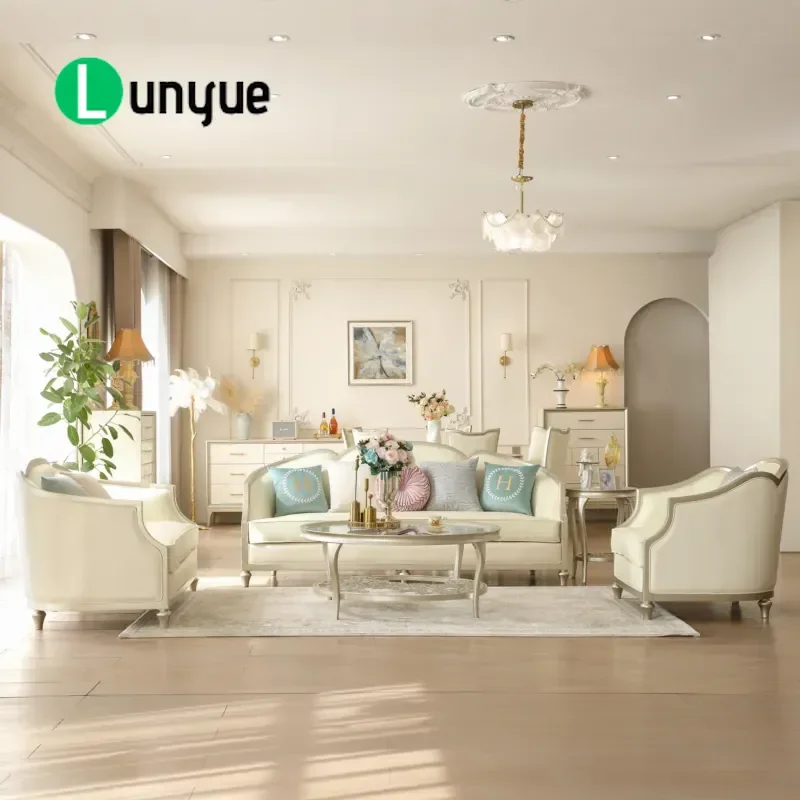 Neoclassical European Cream Leather Sofa Set Curved Frame Living Room Furniture for Villa Hotel Luxury Comfortable
