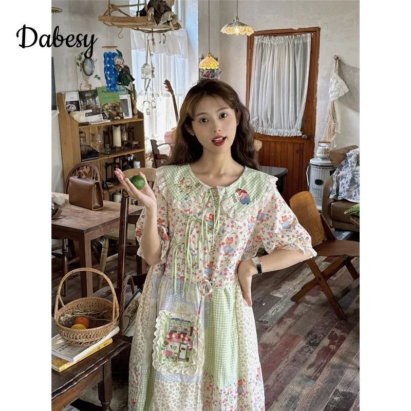 Vintage Green Plaid Patchwork Cotton Linen Dress Women Summer Japan Peter Pan Collar Lace-up Kawaii Dress Casual Female Vestidos