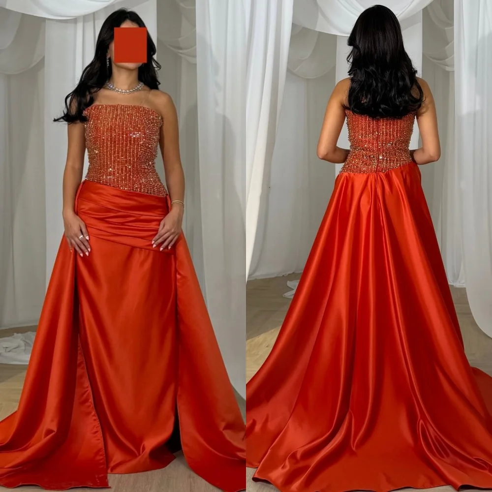 

Customized Elegant Charmeuse Pleat Sequined Straight Strapless Long Dresses Quinceanera Bespoke Occasion Simple