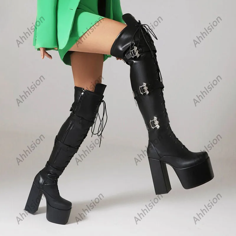 Ahhlsion Women Handmade Winter Over Knee Boots Buckle Strap Chunky Heels Square Toe Black Street Shoes Ladies US Plus Size 5-16