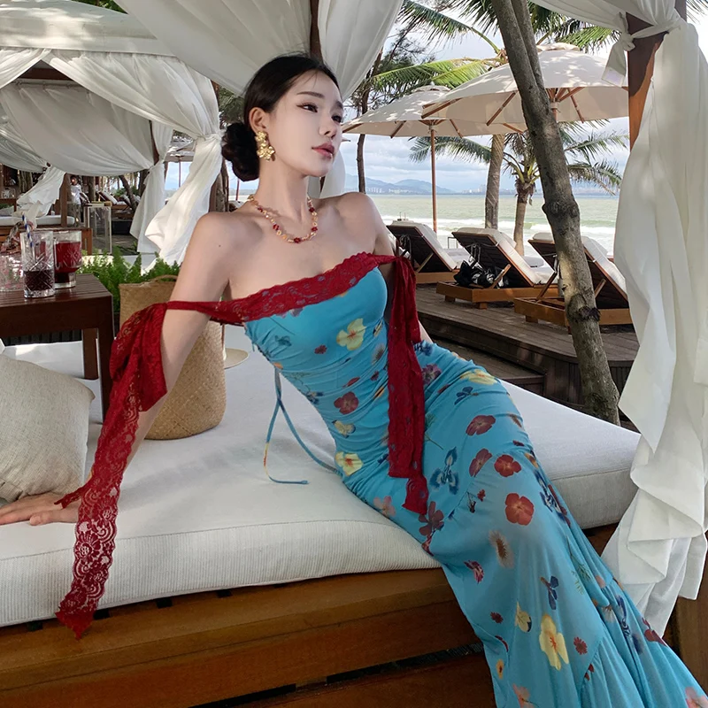 تنورة Loween Beachside عالية الخصر Fi-Tail Dr من البوليستر المتين بكتف واحد للشمس والسفر Sle Important Ocns #2