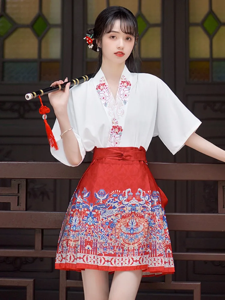 

Новый китайский комплект Ханьфу: вышитый шифоновый топ с коротким рукавом и юбка с шлейфом, женский летний, маленький размер, класса люкс