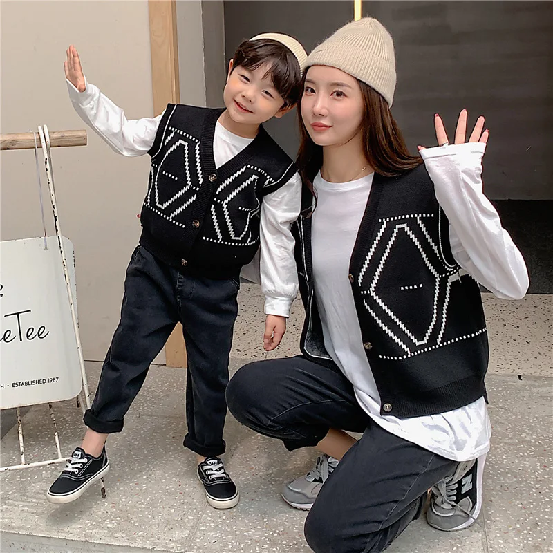 Family Daughter Son Matching Outfit Autumn Dad Mother And Child Knit Sweater Vest+Shirt+Pants 3pcs Sets Parent-Child Pair Look