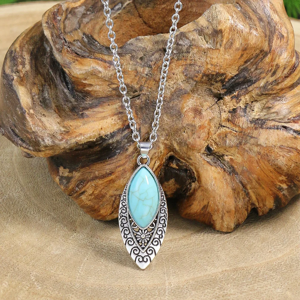 Ethnic Boho Turquoises Necklace Earring for Women Vintage Silver Plated Carved Flower Dangle Earrings Indian Jewelry Gift