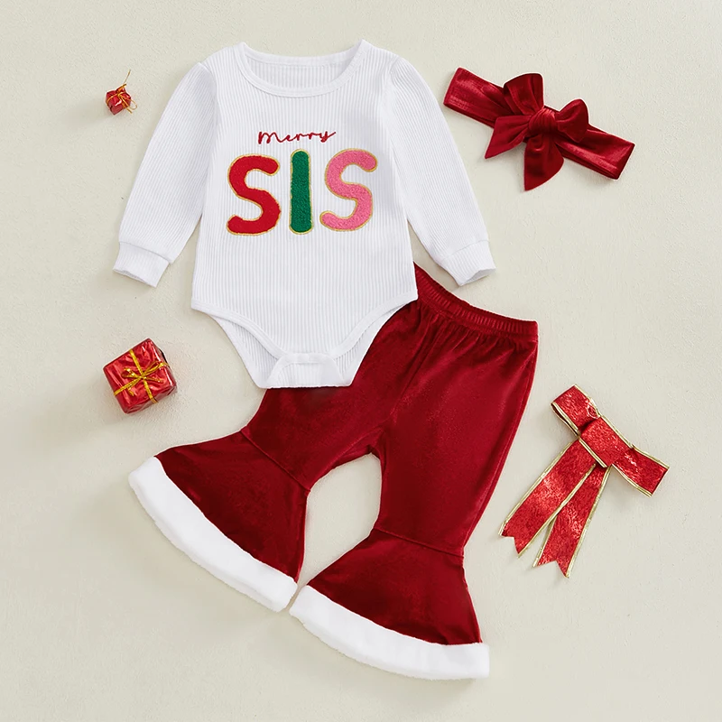 Baby Girl Christmas Outfits 0-18M Long Sleeve Romper with Velvet Flare Pants Headband Set Newborn Clothes