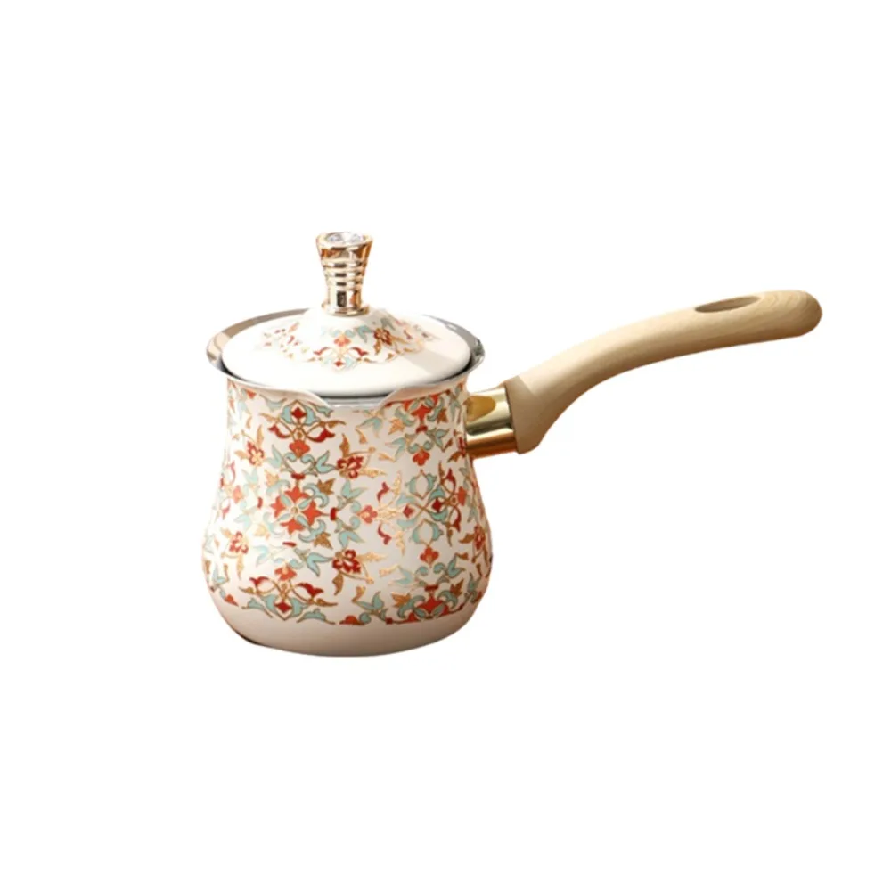 550ml Turkish Coffee Pot Long Wooden Handle Arabic Style Milk Pot V Shape Diverter Port Stainless Steel Milk Tea Pot Kitchen