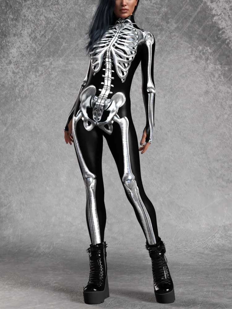IOOTIANY Damen Grüner Sexy Horror-Skelett-Geister-Bodysuit-Set Halloween Karneval Party Aerial Bühnenauftritt Kostüm-Set – Detail 22