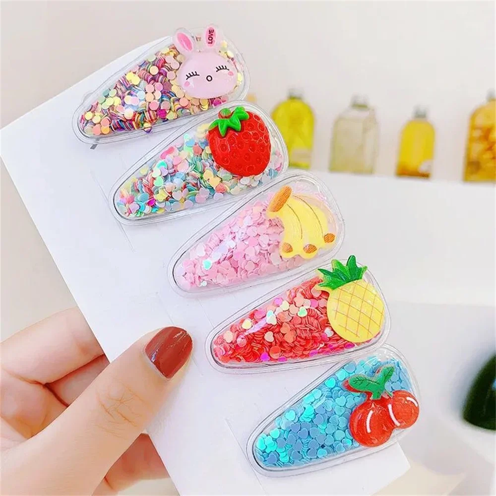 5pcs Baby Colorful Quicksand Hairpins Cute Cartoon Rainbow Fruit Rabbit Flower Hair Clip for Children Girls Bangs Side Barrettes