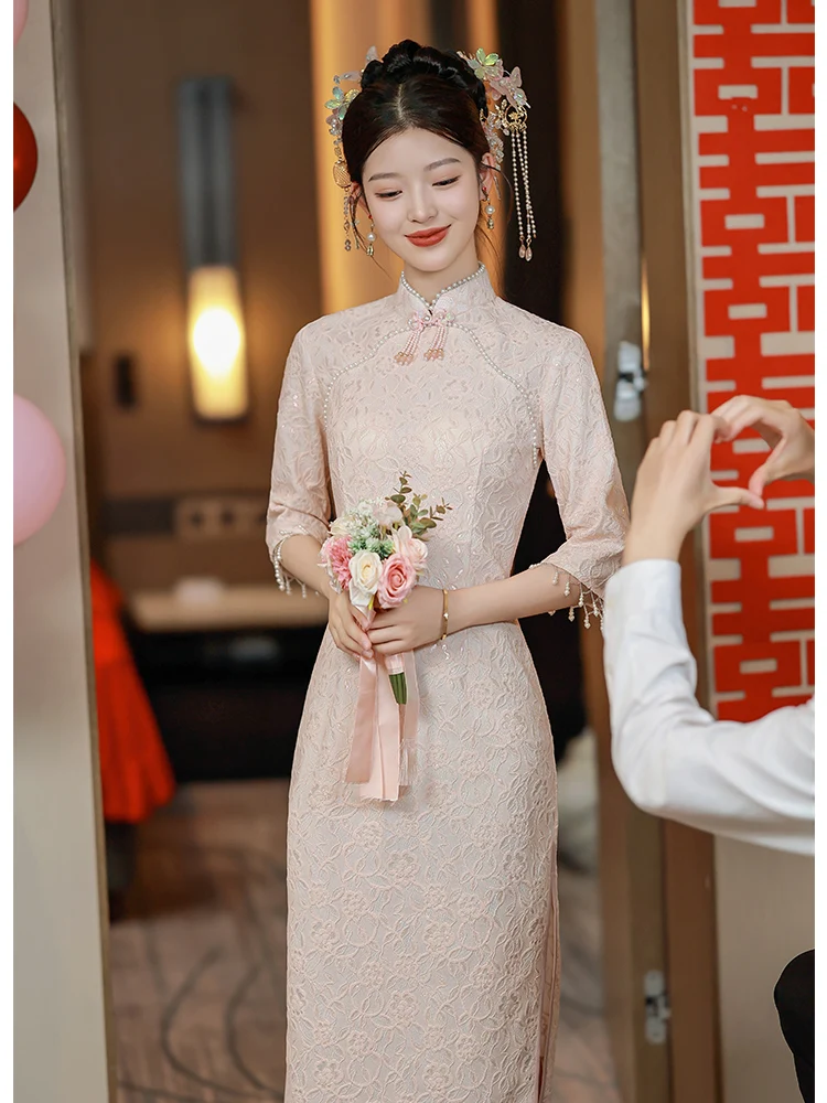 

Розовое улучшенное женское повседневное платье для молодых женщин, новинка 2026 года, в китайском стиле, маленького размера, с высоким разрезом, длинное.