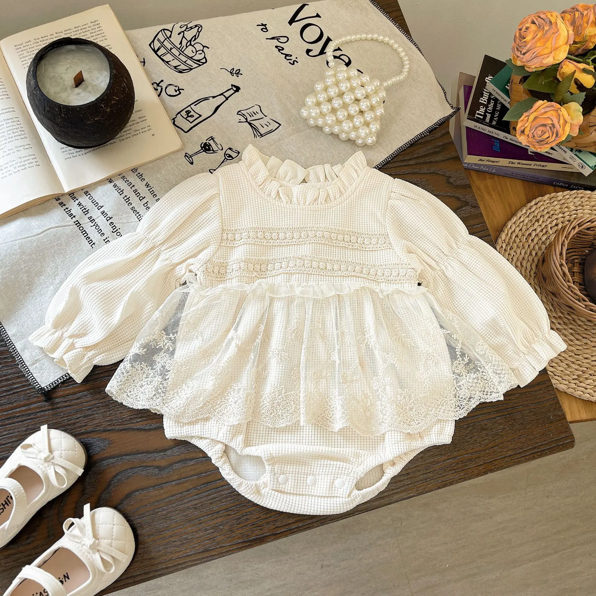 

Корейская весенне-осенняя новая детская одежда для младенцев, детские кружевные юбки, комбинезон с длинными рукавами