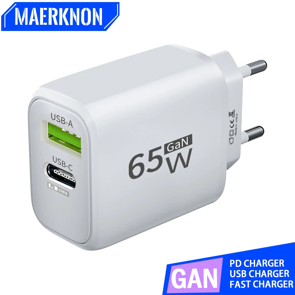 PD 65W GaN USB C Charger Dual Ports USB Type C Charger QC3.0 Fast Charging Charger Power Adapter for iPhone Samsung Xiaomi POCO