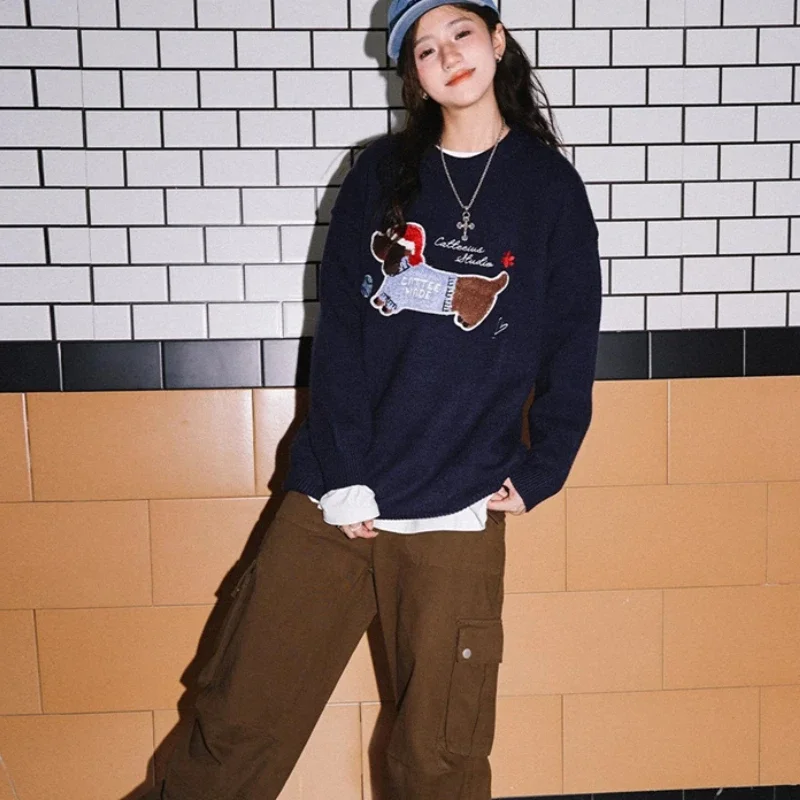 

Knitted Pullovers Women Dog Embroidery Couples Loose Casual Jumpers All-match Temper Girls Stylish Personality Ulzzang Versatile