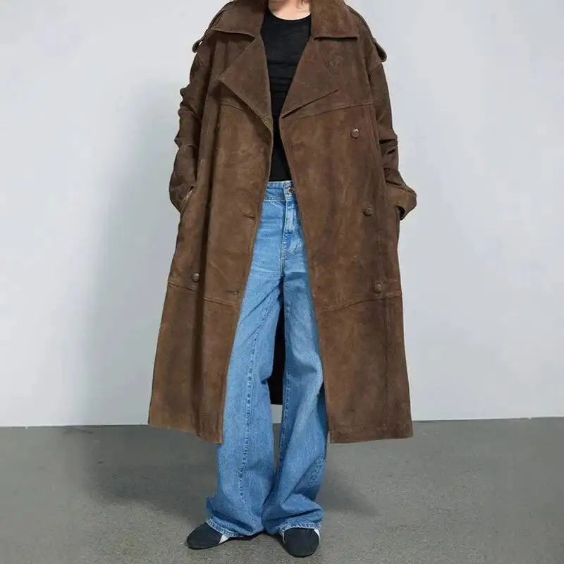 

Loose Lapel Suede Brown Long Commute Autumn New Arrival Women's Woolen Coat Casual Elegant Style Cross-Border Fashion
