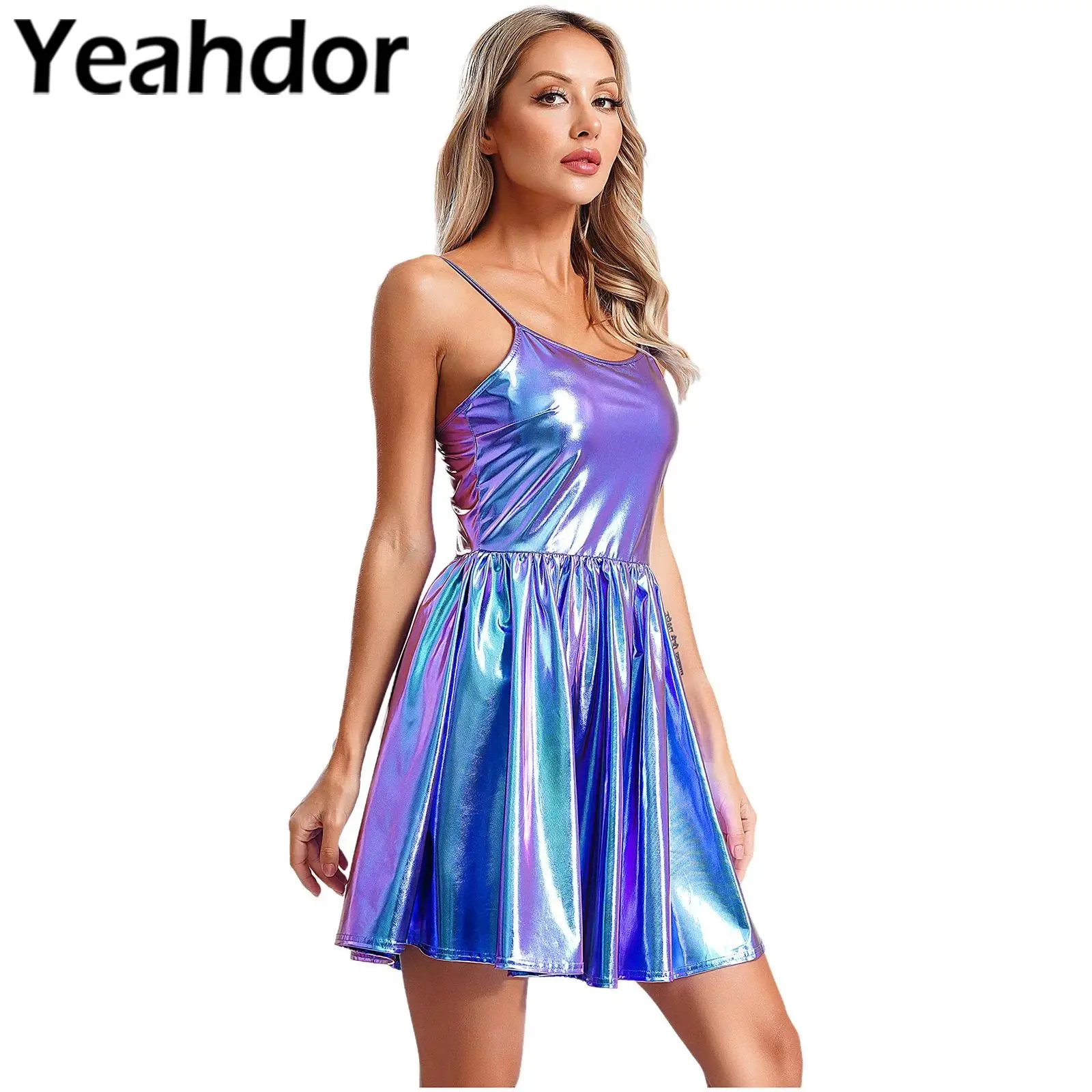 Women's Shiny Metallic Cami Dress Patent Leather Mini Dress A-line Clubbing Dress Bar Disco Lady Evneing Cocktail Party Dress