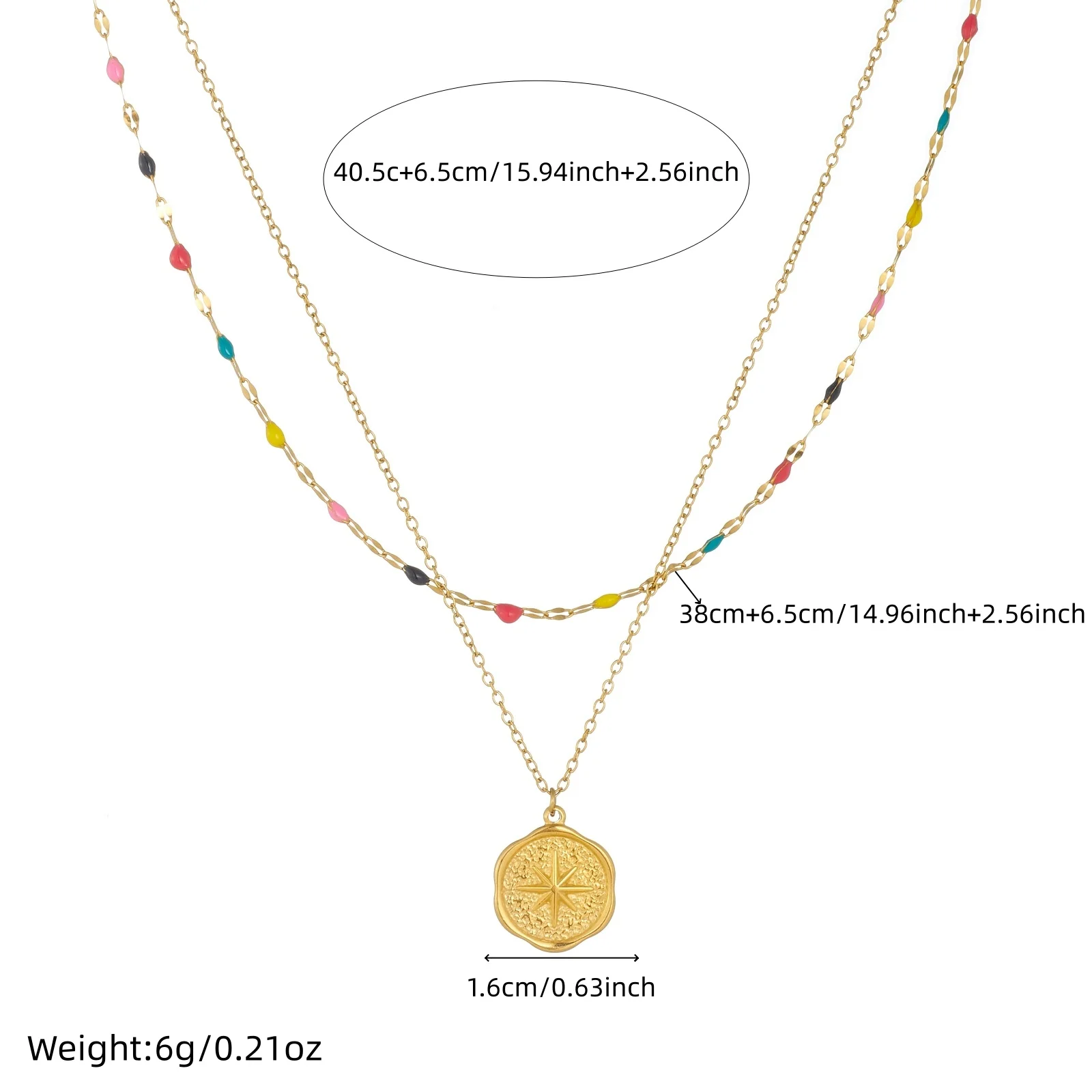 LAMENGLY 316L Stainless Steel Fun Colored Beads Eight-Pointed Star Pendant Necklace Women Creative Double-Layer Neck Chain Gifts