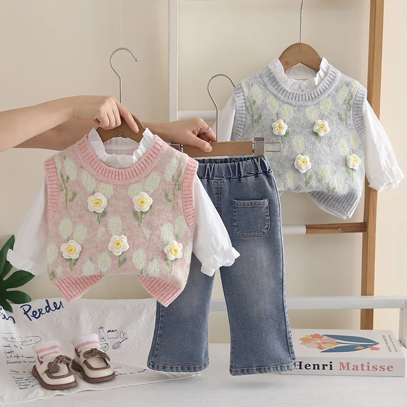 Girls Fall Set 2026 New Trendy Stylish Kids Spring Fall Five Flowers Sweater Clothes Baby Three Piece Set