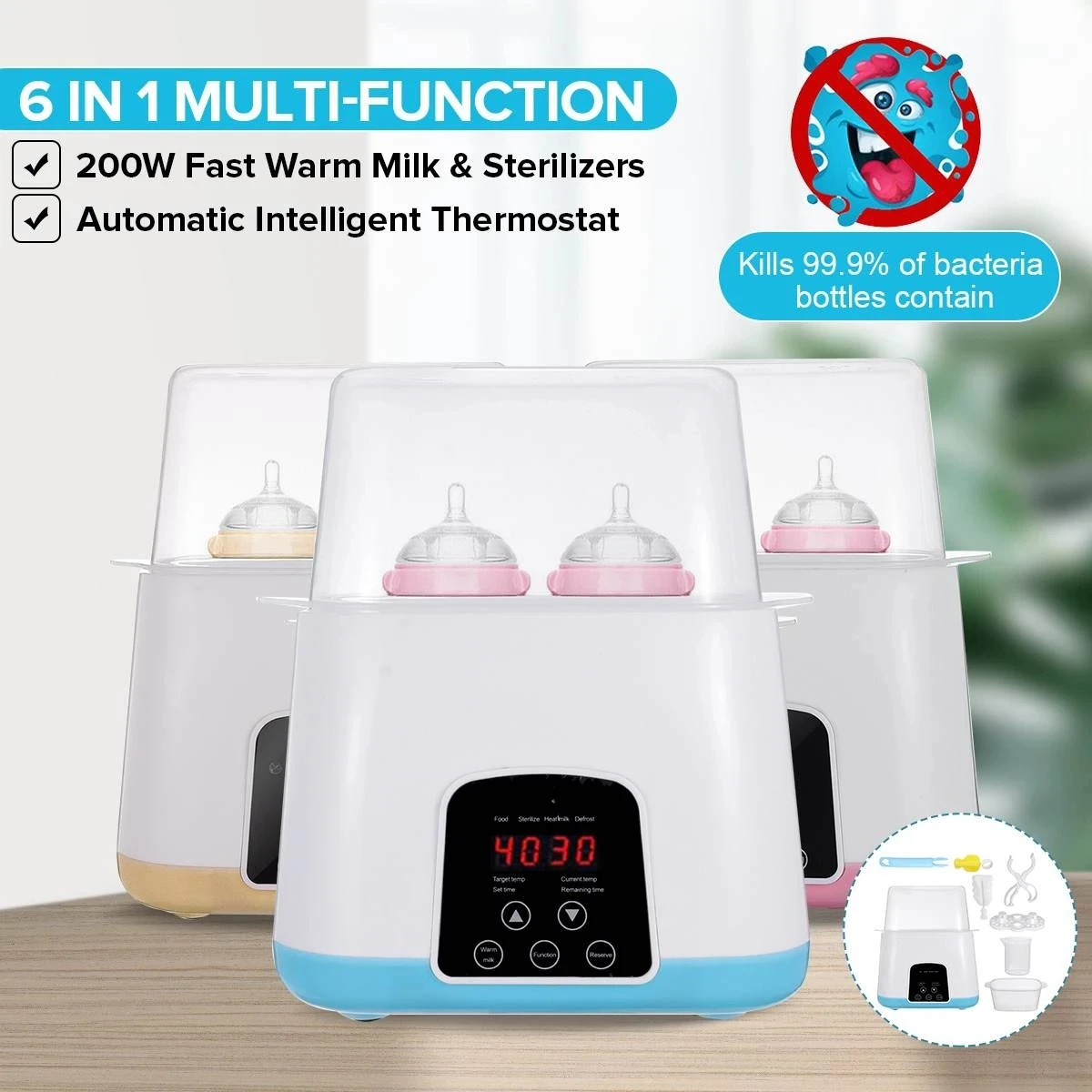 Automatischer intelligenter Thermostat, Milchflaschenheizung, Babyflaschenwärmer, Flaschensterilisator, Desinfektion, LED, 2-in-1-Milchsterilisator