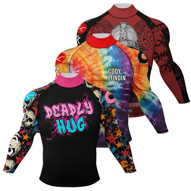 Sportowe męskie ciekawe produkty kompresja MMA Rash Guard Jiu Jitsu Fitness koszulki bokserskie BJJ trening gimnastyczny Rash Guard