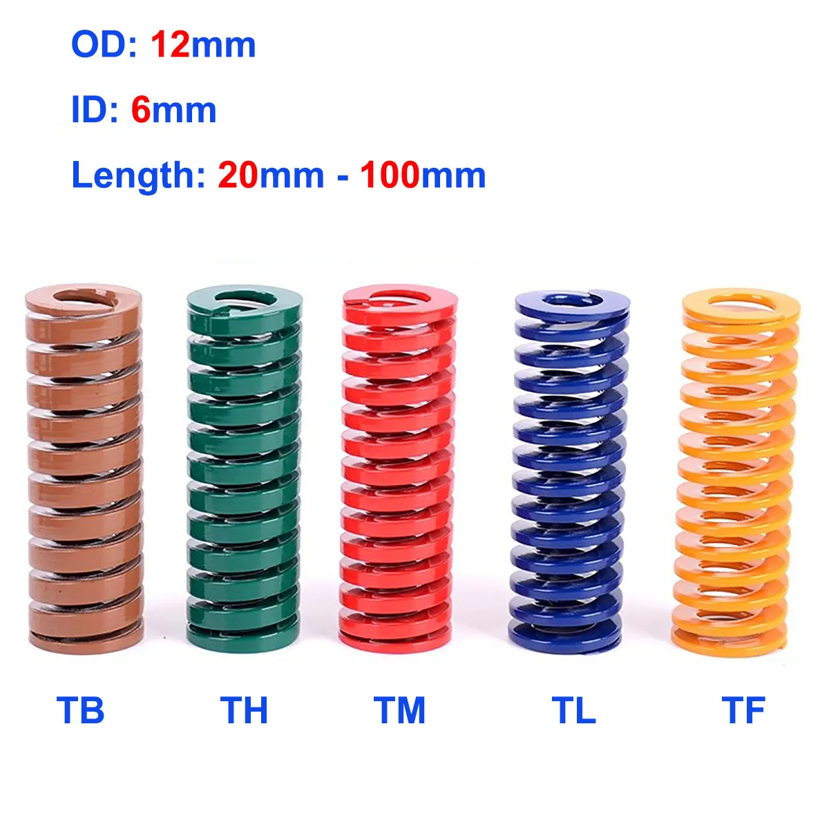 

4Pcs OD 12mm ID 6mm Compression Spring Loading Die Mold Spring Length 20-100mm Yellow/Blue/Red/Green/Brown