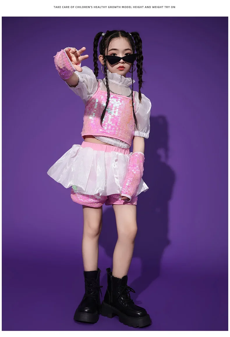 Pailletten-Jazz-Tanzset für Mädchen, Hip-Hop-Bühnenoutfit, Laufsteg-Show-Kostüm mit Glitzer für Kinder und Teenager, Tanzwettbewerbskleidung – Detail 3