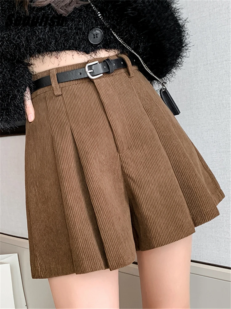 Seoulish Autumn Winter Corduroy Pleated Women's Shorts with Belted 2023 New High Waist Classic A-Line Short Trousers Female