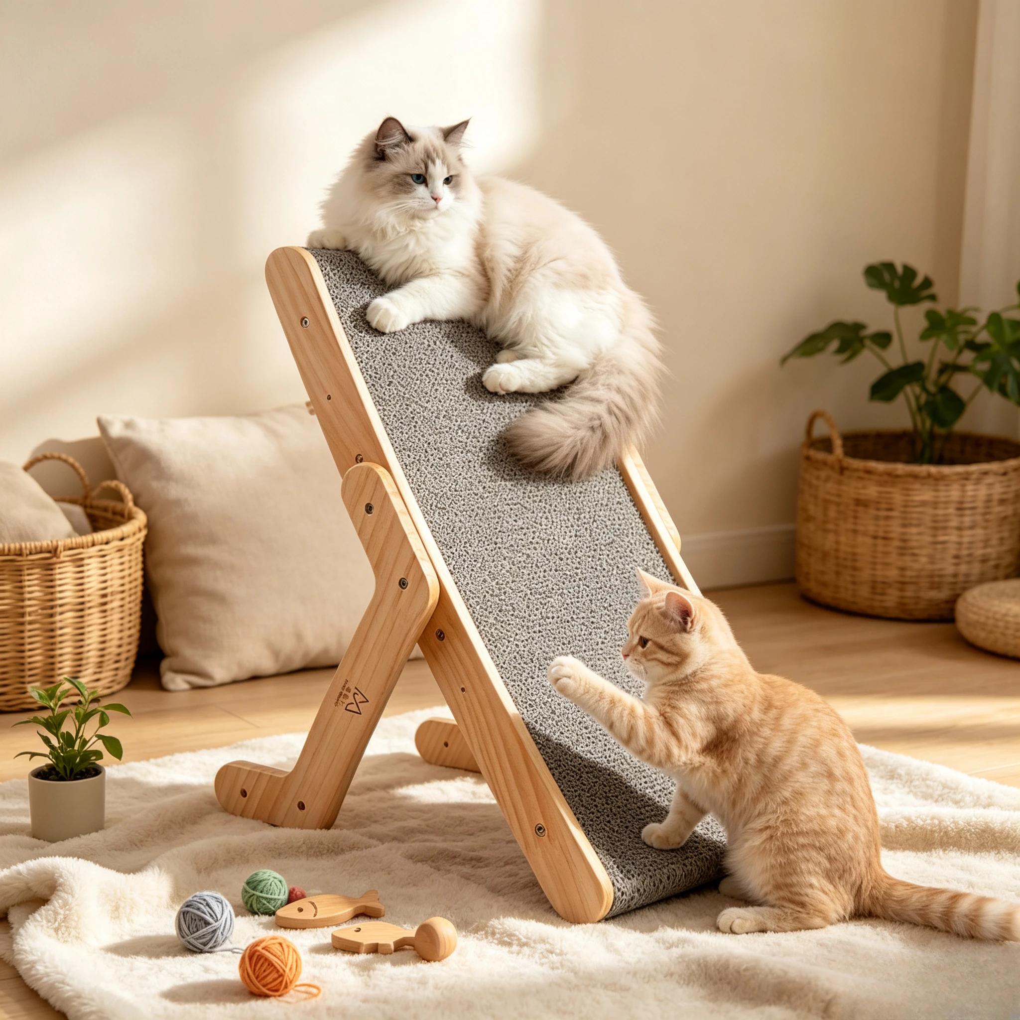 3 in 1 Wooden Cat Scratcher Lounge Bed Detachable Sisal Scratch Board Cat Claw Grinding Toy Furniture for Indoor Cats