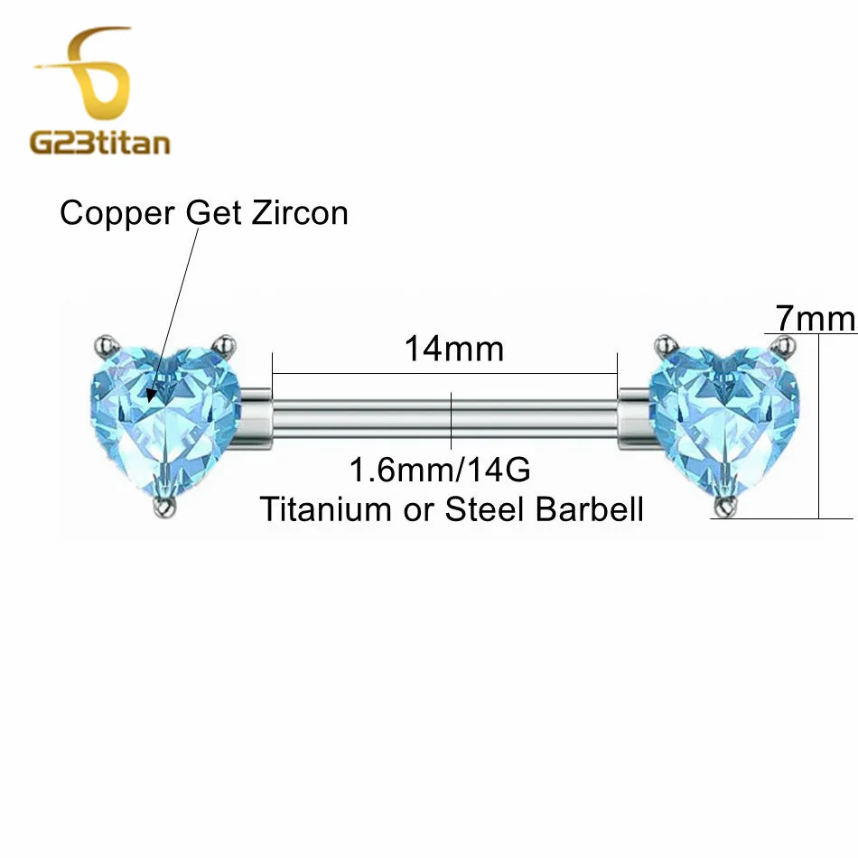 G23titan 2pcs Double Heart Zircon Nipple Rings 14G Titanium Or Steel Barbell Women Nipple Piercing Summer Jewelry Sexy Accessory