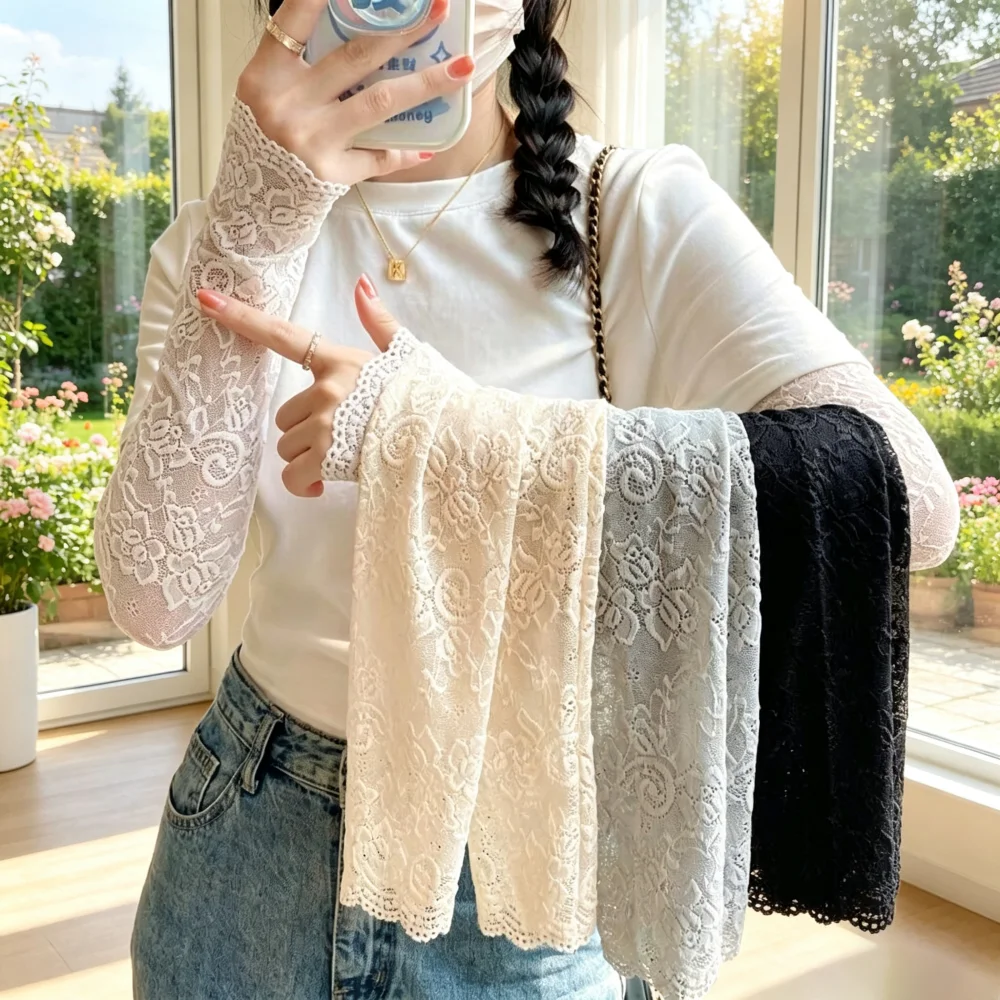 

Elastic Fingerless Sun Protection Driving Mittens Women Ice Silk Lace Arm Sleeves Black White UV Cooling Sleeves