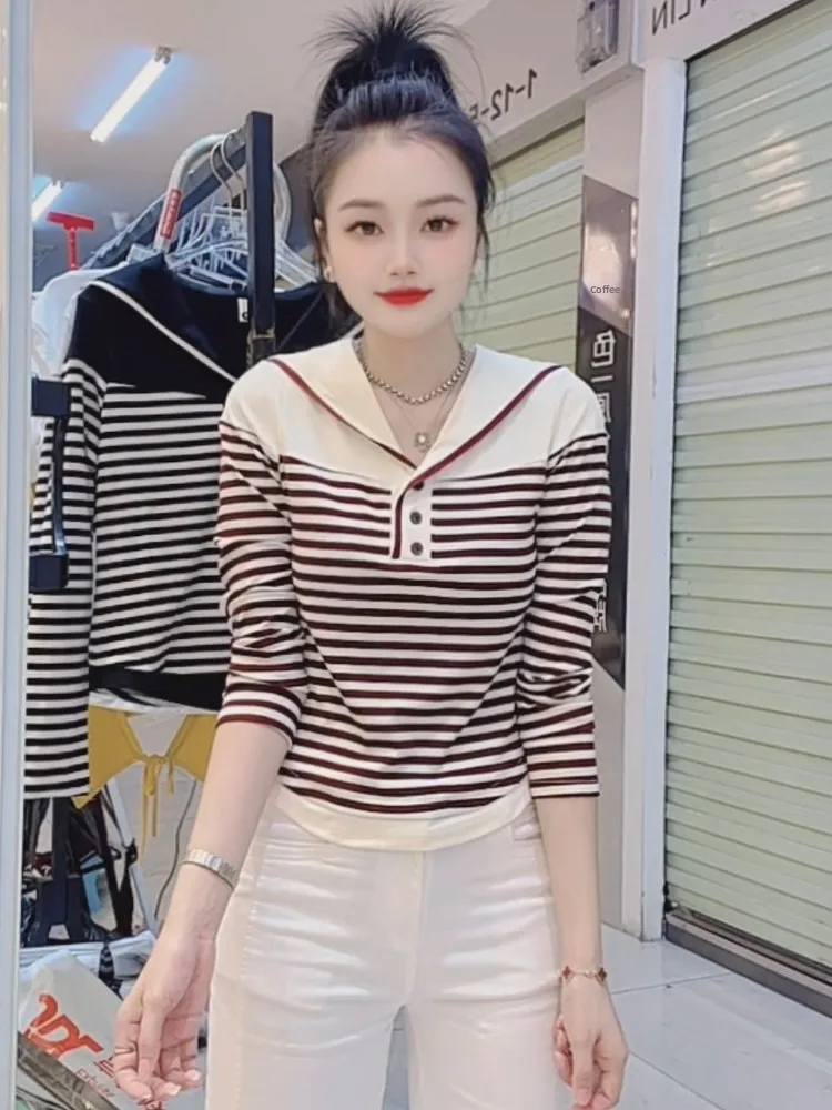 Slim Fit Gestreiftes Langes Sve Reines Baumwoll-T-Shirt Damen Faionable Color Blo Design Herbst Neues Sle Vielseitiges Freizeit-Top