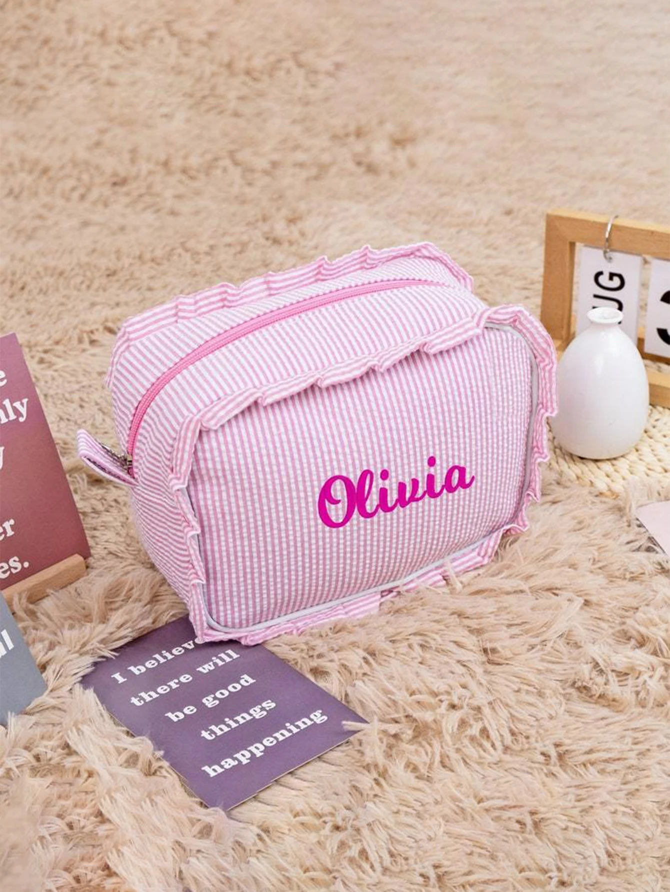 (Please contact customer service) Embroidery graphic DIY customization, bubble gauze lace makeup bag