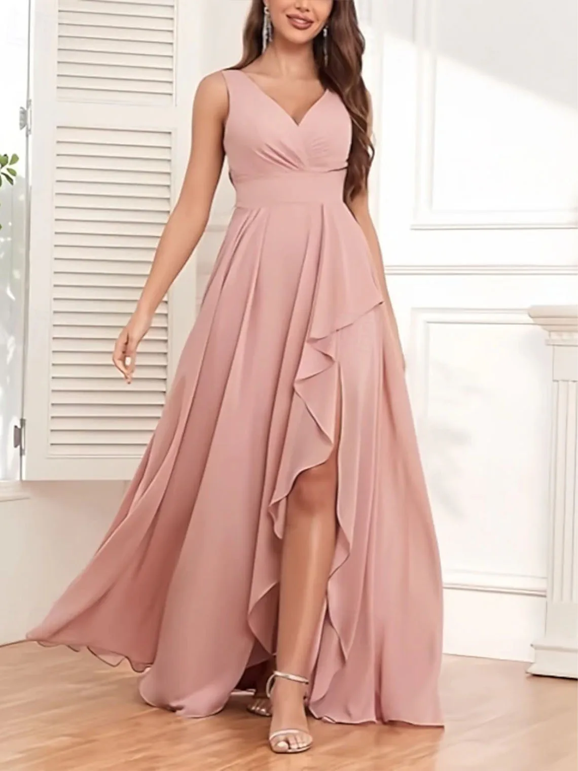 

Elegant V Neck A-Line Chiffon Bridesmaid Dress Floor Length Party Wedding Formal Evening Prom Dress 2025 Free Customized
