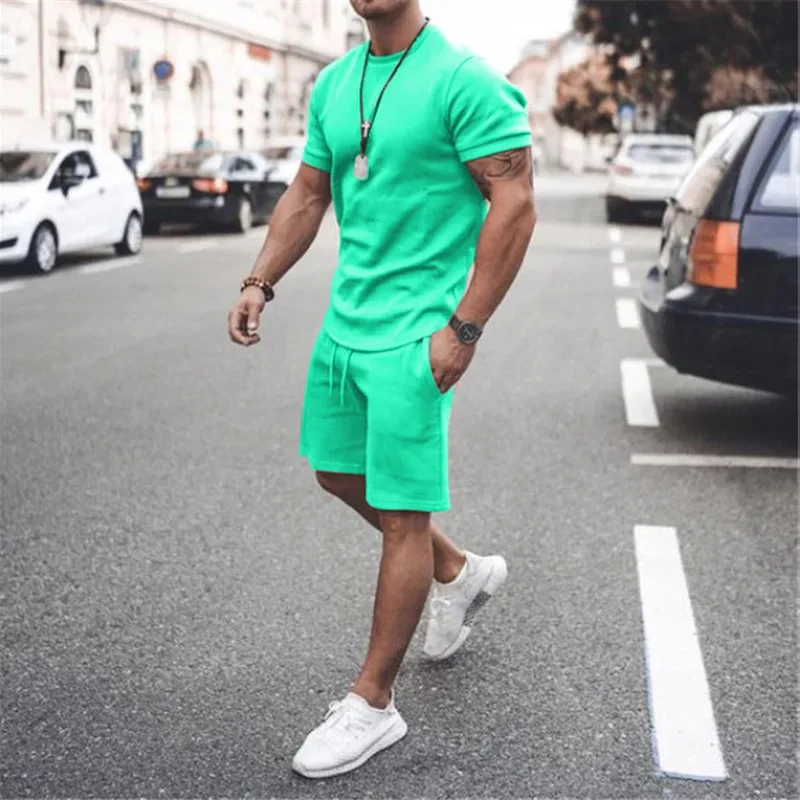 Solid Color Europe and The United States Men's 13 Color Summer New Short Sleeve Tshirt +Shorts 2pcs Set Leisure Sports Men Suit image 6