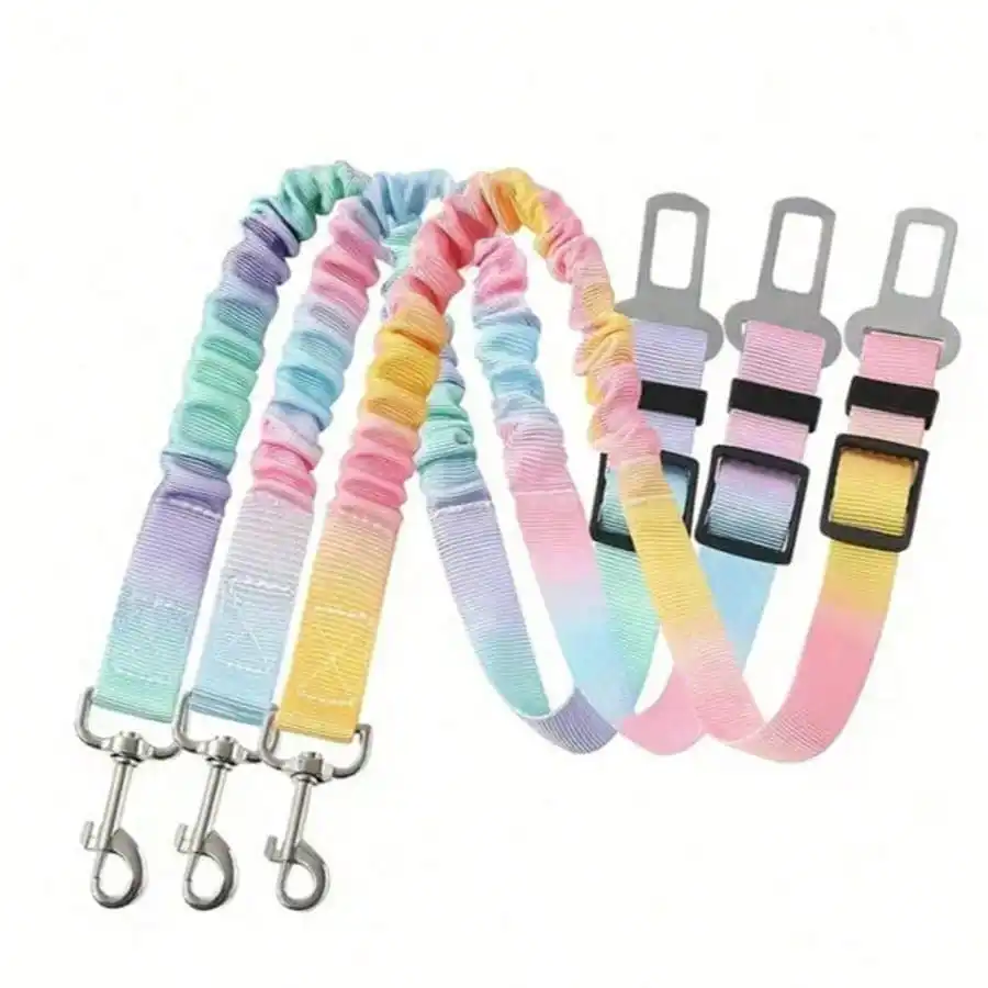 1Pc Gradient Rainbow Pet Car Safety Belt Elastic Shock Absorbing Nylon Heavy Duty Durable Dog Safety Strap For Pet Car Travel Outdoor Supplies