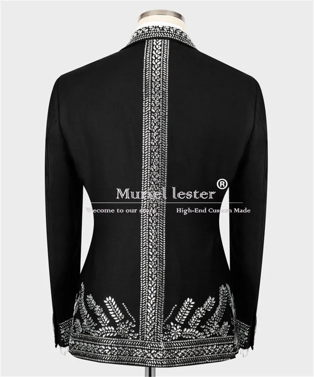 Luxury Crystals Beaded Stone Suits Men For Wedding Tailored Black Lapel Doubel Breasted Jacket Pants 2 Pieces Set Grooms Tuxedos