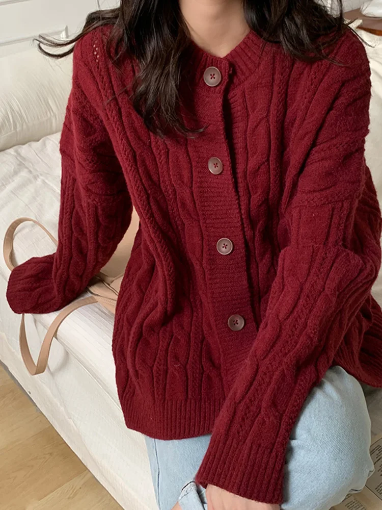 Single Breasted Knitted Autumn Sweater Women Twisted Jumpers Loose Casual Vintage Soft Knitwear Thicken Outwear Burgundy