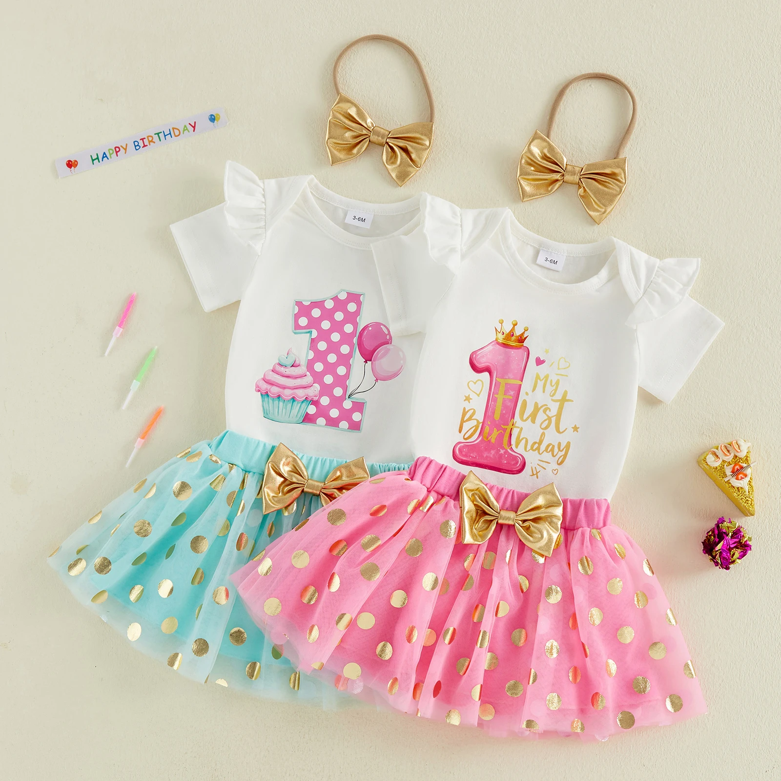 New Baby Girl Birthday Clothing Set Cute Short Sleeve Balloon Printed Romper with Tulle Skirt Headband 3Pcs Outfit
