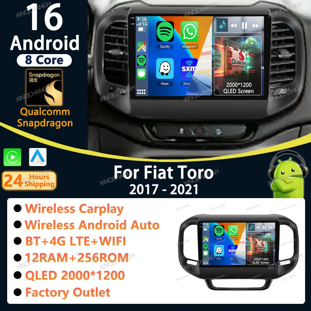 Rádio Automotivo Android 16 com Carplay Auto para Fiat Toro 2017 2018 2019 2020 2021, Reprodutor de Áudio Estéreo, Kit de Painel para Instalação no Painel, 2 DIN, Vídeo