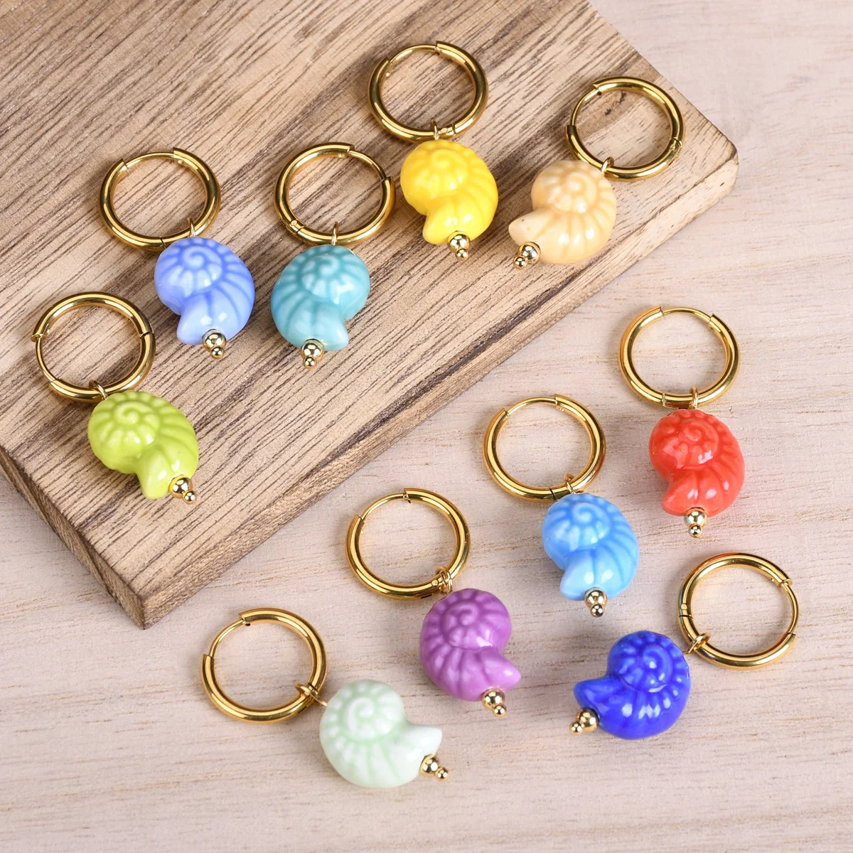 Cute Candy Color Sea Snail Charms Dangle Hoop Earrings for Women Stainless Steel Huggie Marine Organism Summer Beach Ear Jewelry