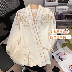 Elegant V-neck Retro Embroidered Satin Women Blouse Long Sleeve White Shirt Women Tops Blusa Feminina