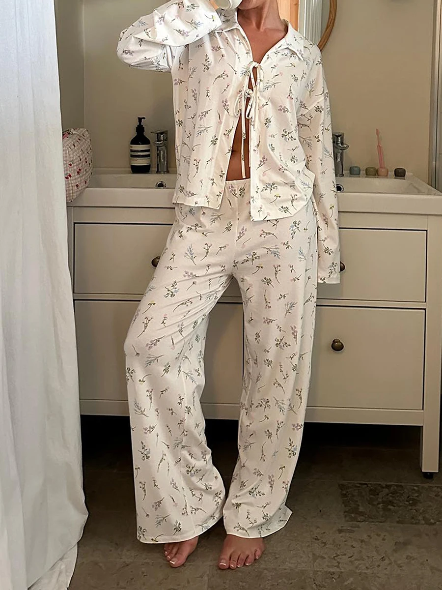 2024 Autumn Women 2 Piece Pajamas Lounge Set Floral Cherry Print Tie-Up Front Long Sleeve Shirts Tops Pants Loungewear Outfits