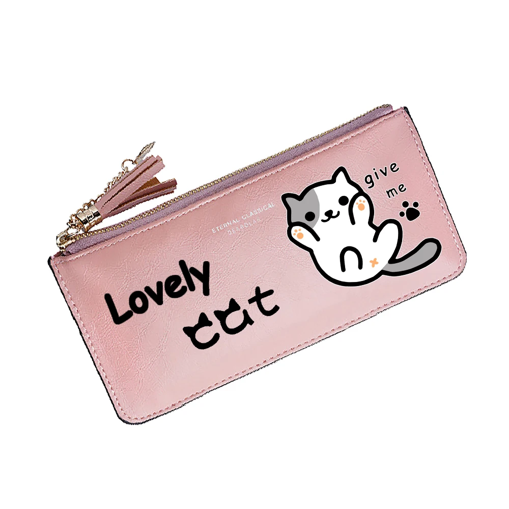 

Женский длинный кошелек с милым котом и карманами для монет Kawaii Cat ID Card Holder Розовые кошельки из искусственной кожи с героями мультфильмов Сумка для денег Клатч для девочек