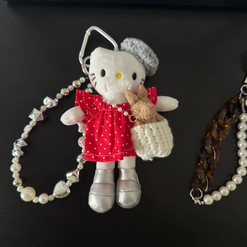 Gorący breloczek do kluczy z pluszową lalką Hello Kitty w panterkę, długie nogi, kawaii, czarna skóra, kot Kt, prezent urodzinowy, puszysta zabawka, zawieszka