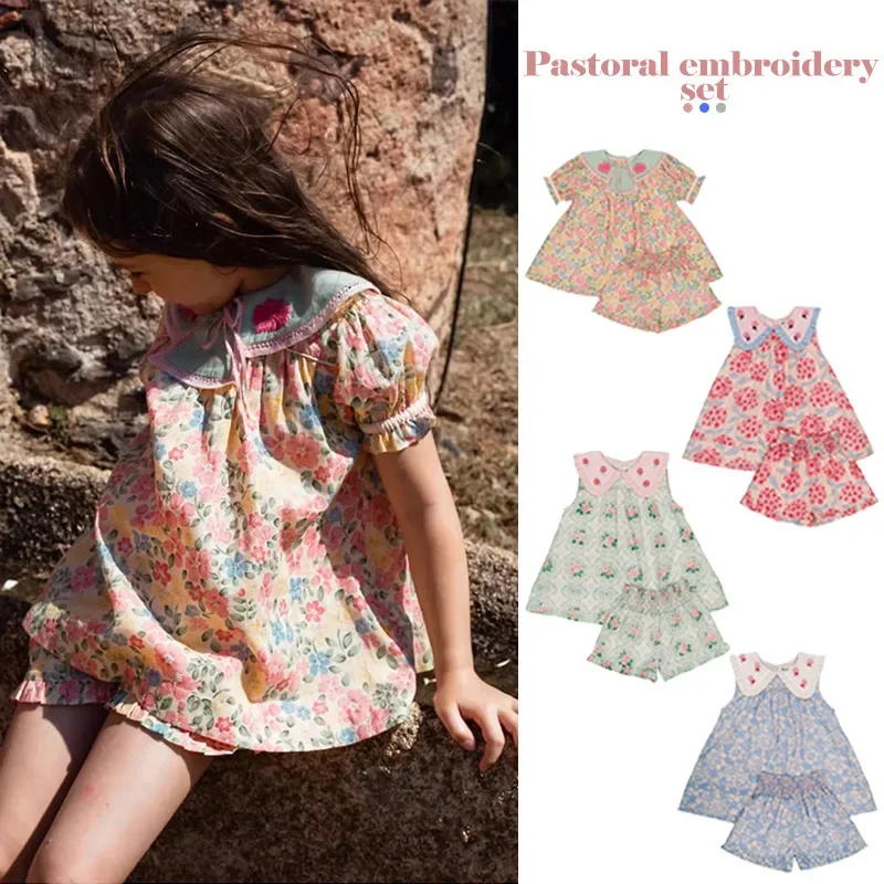 

Комплект кукольной рубашки для девочек, новинка лета 202, розовый модный топ с цветочным принтом для девочек, шорты из чистого хлопка, винтажная милая детская одежда для сестер