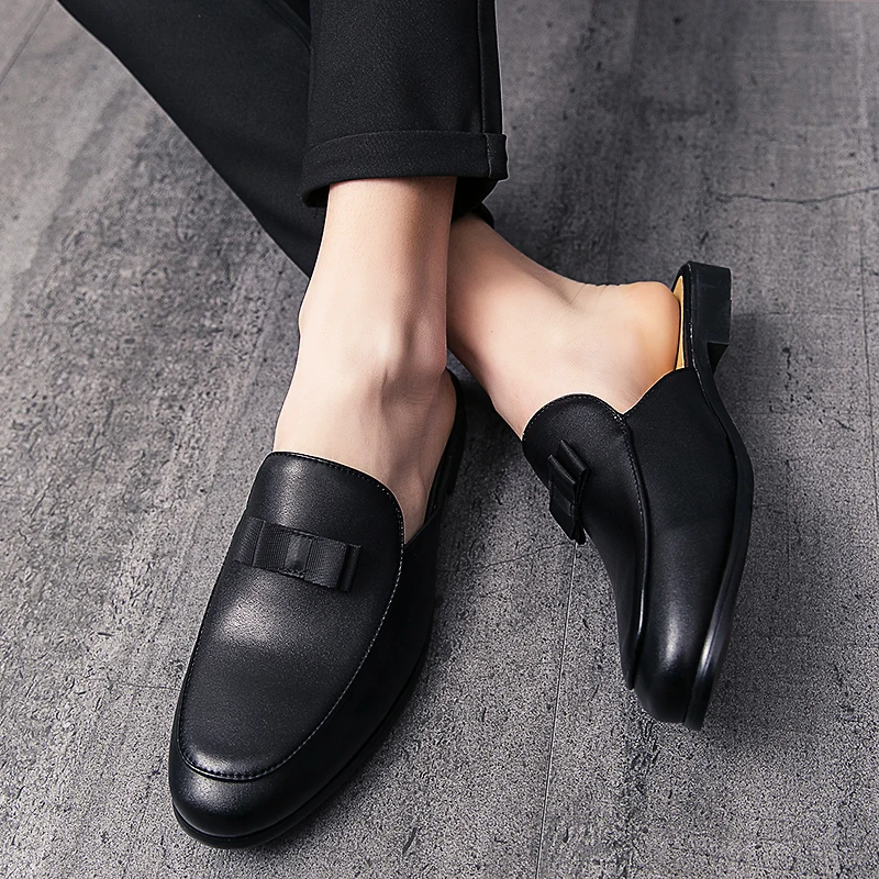 Men's Genuine Leather Shoes Bow Knot Fashionable Flat Shoes Comfortable Soft Sole Business Office Work Slippers Men's Loafers