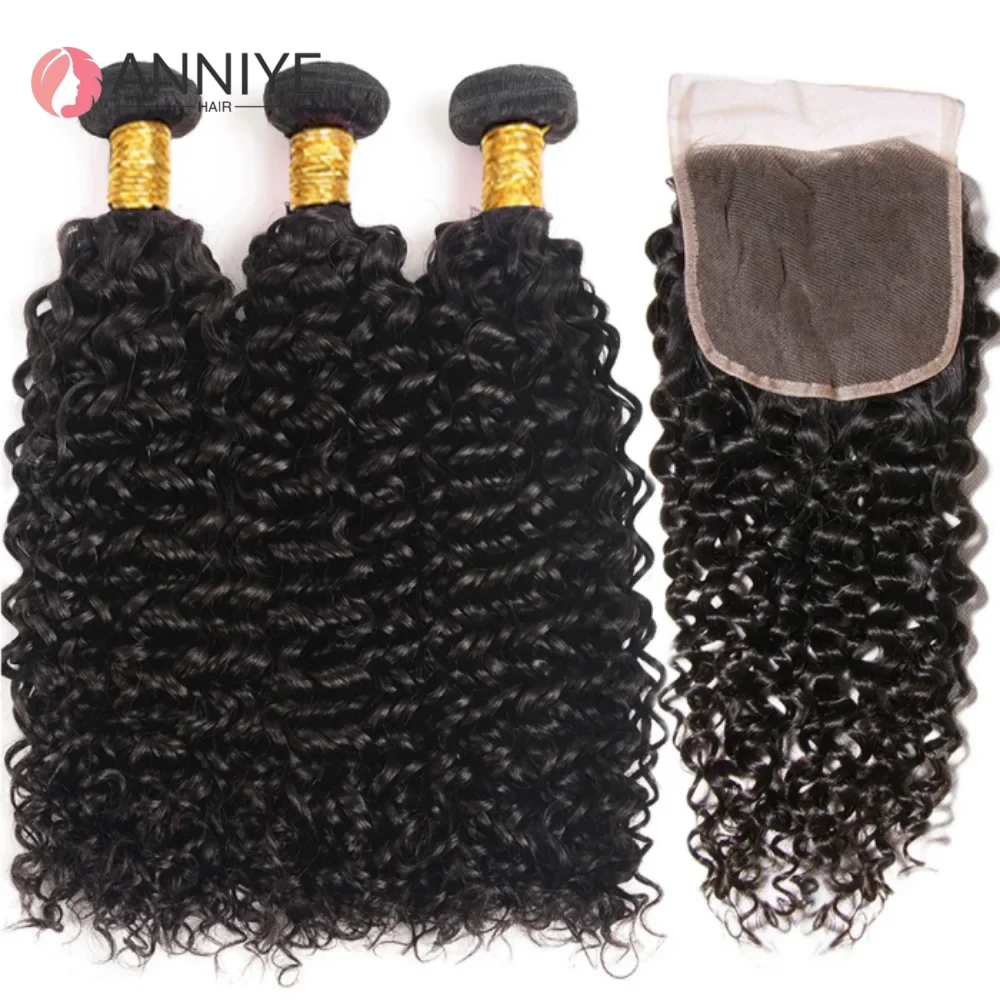 Cabelo encaracolado não processado virgem tecer cabelo humano 3 pacotes com fechamento de renda 4x4 pacotes de extensões de cabelo encaracolado para mulher ﻿ 12A