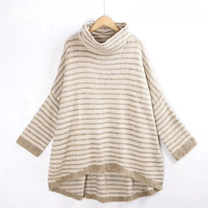 

High Collar Sweater Autumn Winter New Style Overhead Color Block Striped Bat Asymmetrical Fashion Knittedwear Dream Haunt