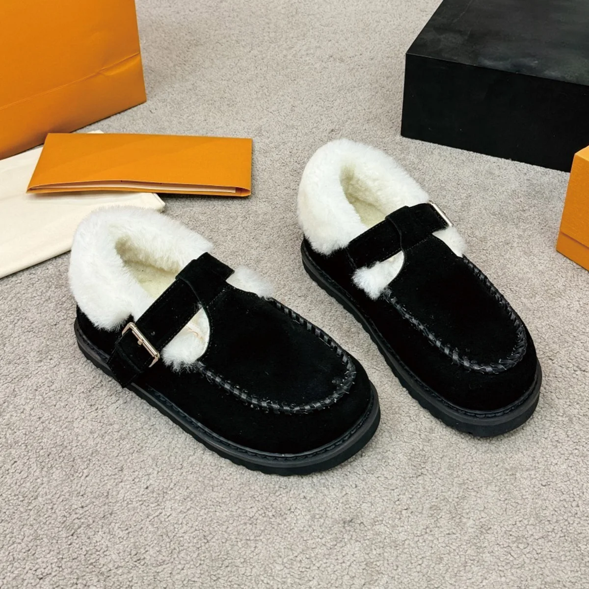 2026 High‑Quality Women Winter Slip‑On Shoes, Buckle Strap Fleece Collar Lined Warm Casual Footwear ch25081310