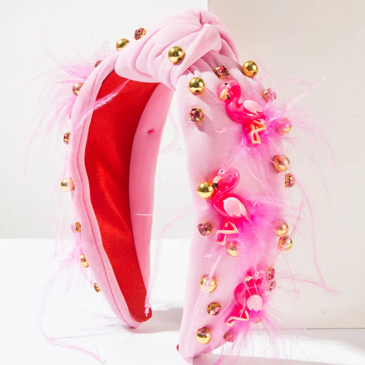 New Fashion Flamingo Feather Accessory Headband Hand-Sewn Rhinestone Golden Balls High Quality Hair Accessories